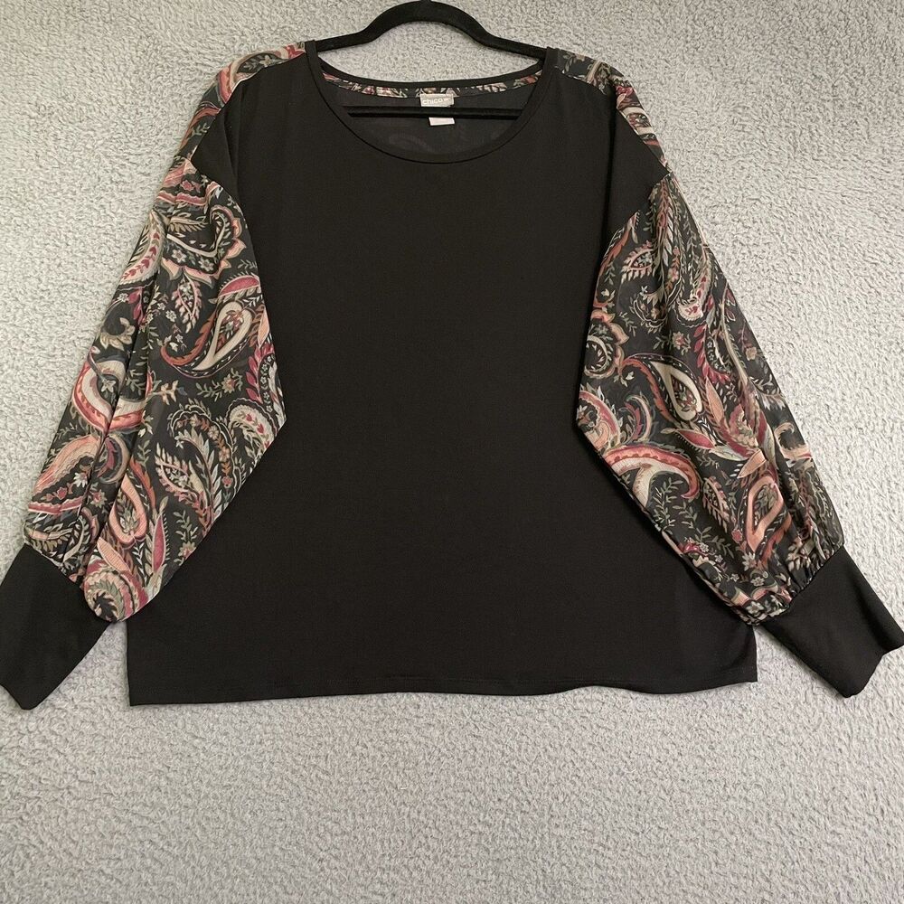 Chico's Paisley Woven- Sleeve Top Black Womens 3 (XL) Long Sleeve Lightweight
